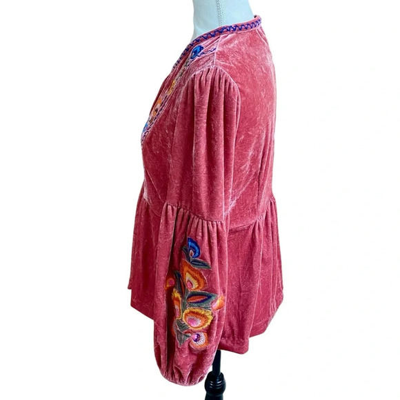 Floryday Blush Pink Velvet Embroidered Blouse Medium | Boho Tassel Tie Top - Picture 9 of 15
